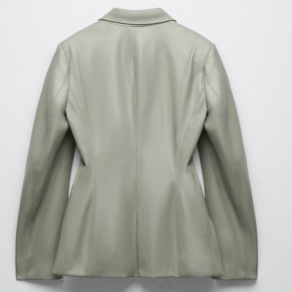 ZARA WOMAN SEA GREEN DOUBLE BREASTED FAUX LEATHER BLAZER - Picture 7 of 10